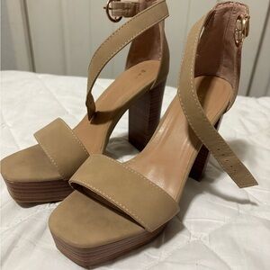BAMBOO Tan Strappy Block Heels
